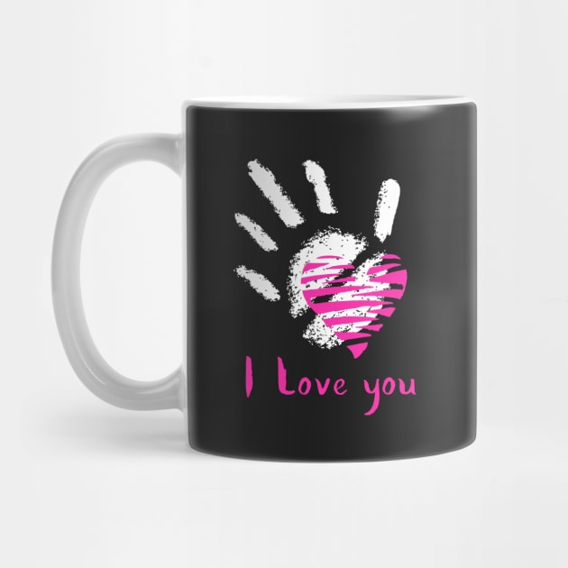 White Handprint and Pink Heart. I Love You Calligraphy by ArchiTania